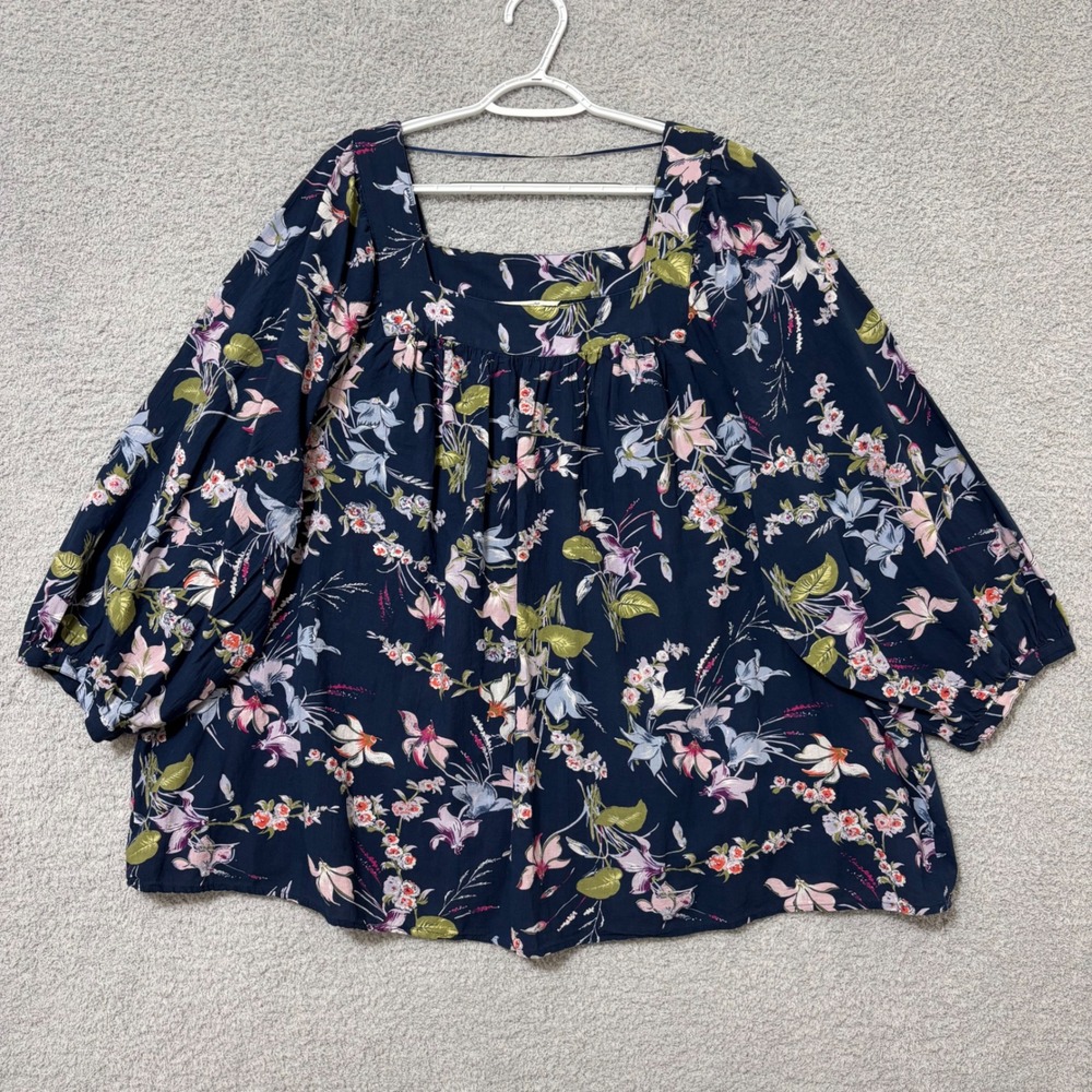 Casual Everyday Floral Blouse Navy Lightweight Cotton Size 4X Puff Sleeve